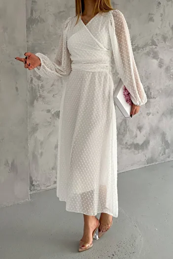 Neşeli Butik women's belt detailed lining pom pom chiffon dress NBKKLF2052