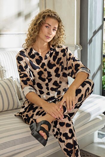 GİZZEY Women's Long Sleeve Front Button Leopard Pajamas Suit C7T0N112