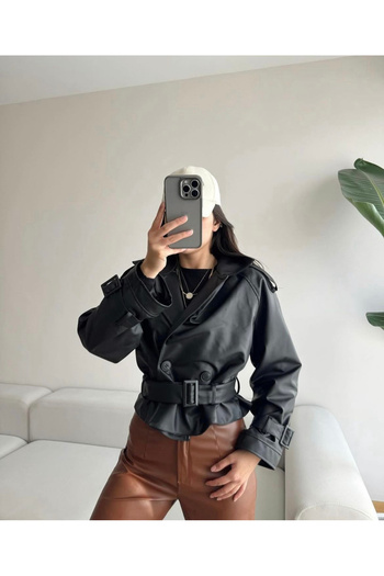 Ekim Store Double-breasted Casual Leather Jacket with Belt