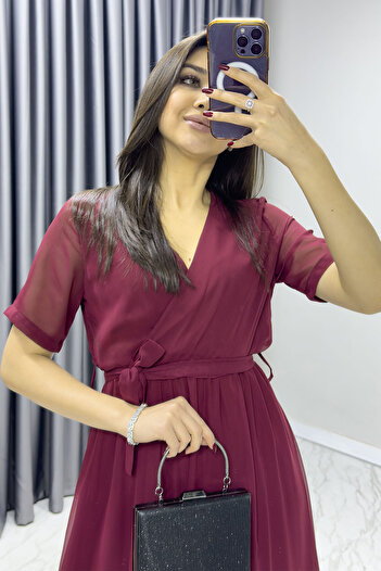 zks grup tekstil Short Sleeve Lined Plus Size Chiffon Dress Black, Burgundy, Khaki, White, Green, Flower Pot, Red, Purple