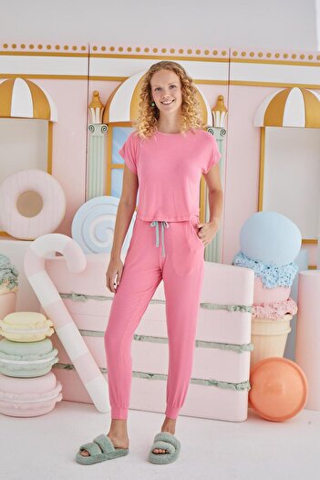 Sevim Set pijamale roz cu mânecă scurtă pentru femei C7T1N851
