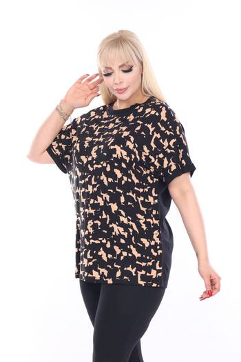 mezura tekstil Plus Size Black Viscose Combed Cotton - Crew Neck, Patterned and Comfortable Sleeve Blouse
