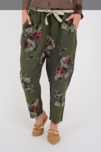 AYASOFYA OTANTIK Women's Khaki Italian Elastic Waist Belt Detailed Flower Pattern Carrot Linen Trousers
