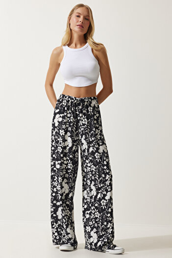 Happiness İstanbul Women's Black Patterned Flowing Viscose Palazzo Trousers EN00606