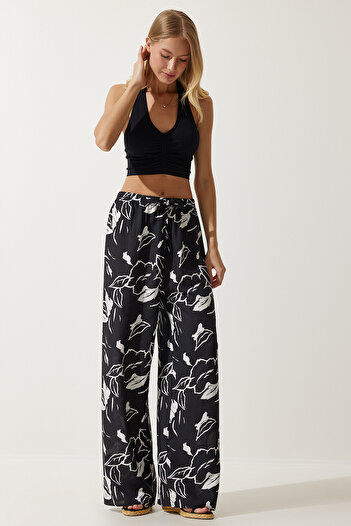 Happiness İstanbul Women's Vibrant Black Patterned Flowing Viscose Palazzo Trousers EN00606