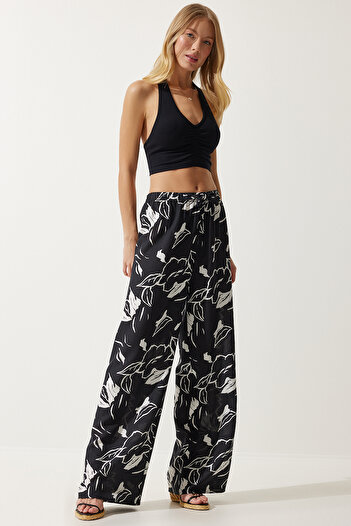 Happiness İstanbul Women's Vibrant Black Patterned Flowing Viscose Palazzo Trousers EN00606