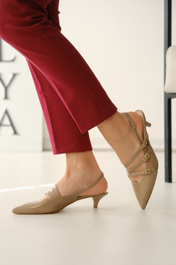 DİVOLYA Vendy Mink Patent Leather (3cm) Heeled Pointed Toe Three-Stripe Casual Shoes