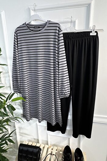 Aşkı Endam Plus Size Tuana Ριγέ Σετ Πλήρως Ευέλικτο Διπλό Σετ - Γκρι