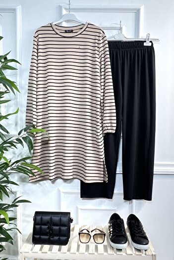Aşkı Endam Plus Size Tuana Ριγέ Σετ Πλήρως Ευέλικτο Διπλό Σετ - Mink