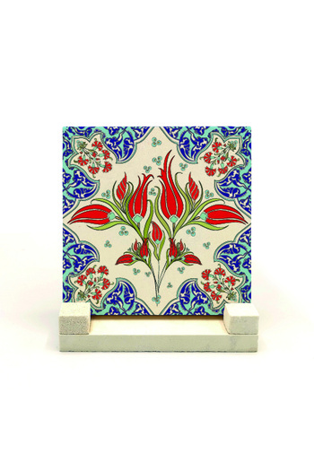 Sadrazam Ottoman Iznik Tile Pattern Printed Natural Stone Desktop 10x10 Kd-39