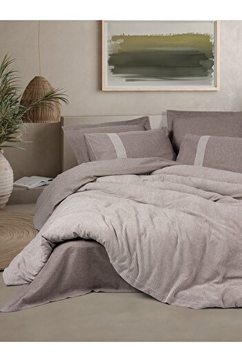 Cotton Box Ribbed Double Duvet Cover Set Linje Brown