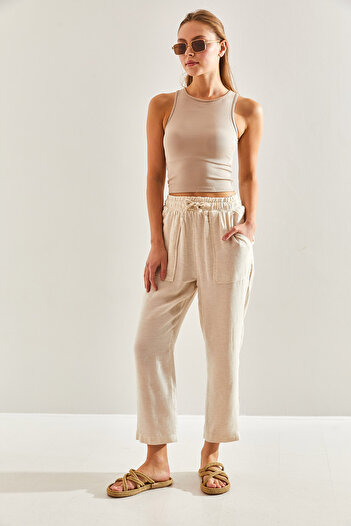Bianco Lucci Women's Elastic Waist Linen Trousers60171026