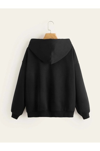 MODARİCH Angel Lettering Cardigan - Black Printed Winter Oversize Hooded Zipper Pocket Detailed Cardigan