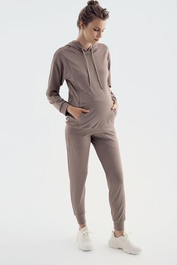 Artış Long Sleeve Breastfeeding Compartment Hooded Jogger Stretchy Maternity Tracksuit Set