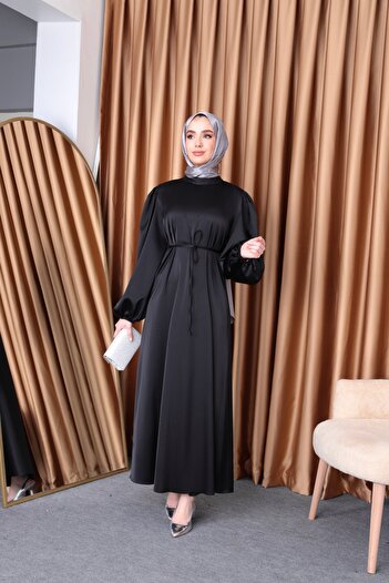 Aranlı tekstil Μπαλόνι μανίκι Σατέν Hijab Oversize Piping ζωσμένο φόρεμα Hijab