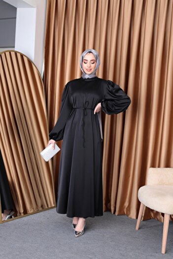 Aranlı tekstil Μπαλόνι μανίκι Σατέν Hijab Oversize Piping ζωσμένο φόρεμα Hijab