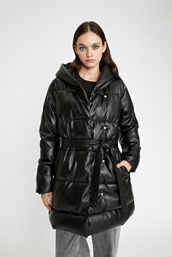 DeFacto Faux Leather Water Repellent Long down Coat - Hooded, Fleece Belt Pocketed Parka