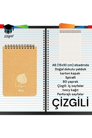 SEYFİKİRTASİYE A6 (10X15 cm) STRIPED 80 SHEETS TOP WIRE LEADBOOK CARTON COVER CREAM COLOR PAPER 1.PASTRY NOTEBOOK