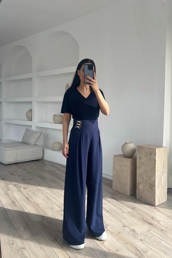 Seda Yalçın Atelier Navy Blue V-Neck Short Sleeve Knitwear T-shirt
