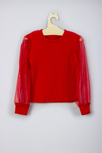 ADABEBEK Girl's Ribbed Blouse with Tulle Sleeves