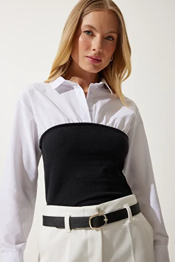 Happiness İstanbul Weiß-schwarze Damen-Hemdbluse mit Polokragen und Farbblockmuster AN00174