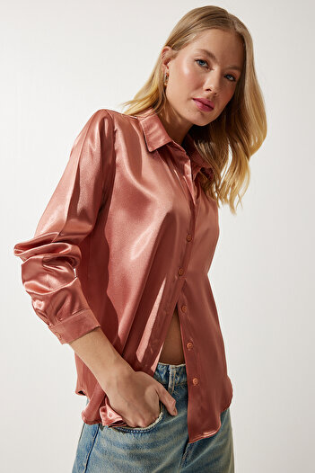 Happiness İstanbul Γυναικείο πουκάμισο Dusty Rose Light Flowing Satin Surface DD00990