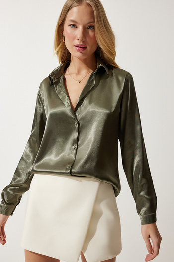 Happiness İstanbul Women's Dark Khaki Light Flowing Satin Surface Shirt DD00990