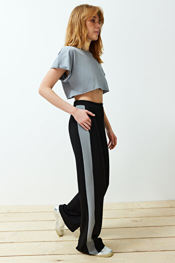 Trendyol Collection Black Color Blocked Straight/Straight Cut Stretch Trousers TWOSS24PL00100