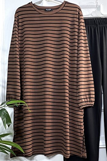 Aşkı Endam Plus Size Tuana Ριγέ Σετ Πλήρως Ευέλικτο Διπλό Σετ - Καφέ