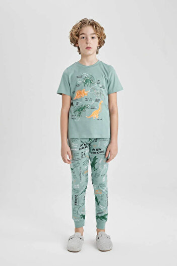 DeFacto Boys' Pajamas Set - Dinosaur Print, Short Sleeve, Top Elastic Waist, Long Bottom Z9178A624Sm