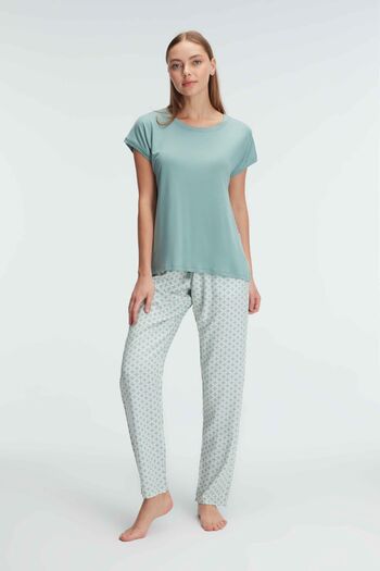 Anıl 9919 Short Sleeve Crew Neck Women's Viscose Flower Patterned Summer Knitted Regular Waist Pajamas Set