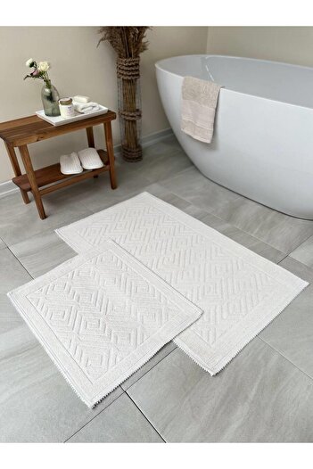 Bluenity Labyrinth Natural Cotton 2-Piece Bath Mat Set 60x100+50x60 Cm - Ecru