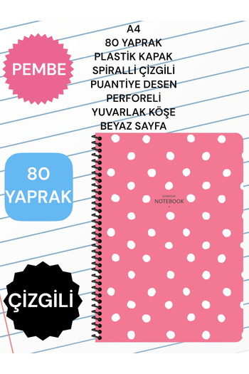 SEYFİKİRTASİYE A4 80 SHEETS PLASTIC COVER SPIRAL STRIPED POINT PATTERN PERFORATED ROUND CORNER WHITE PAGE