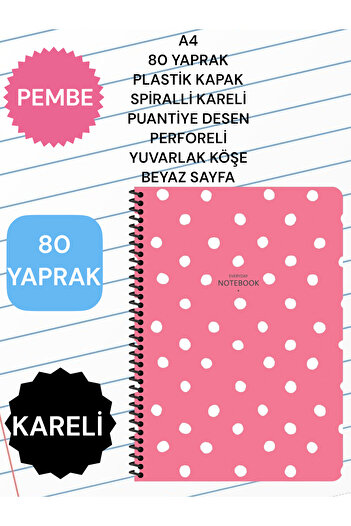 SEYFİKİRTASİYE CHECKED A4 80 SHEETS PLASTIC COVER SPIRAL POINT PATTERN PERFORATED ROUND CORNER WHITE PAGE