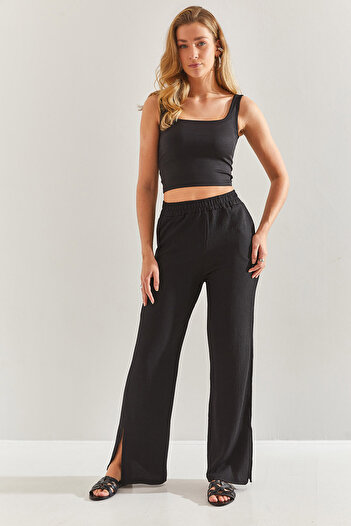 Bianco Lucci Women's Elastic Waist Palazzo Side Slit Trousers60171010
