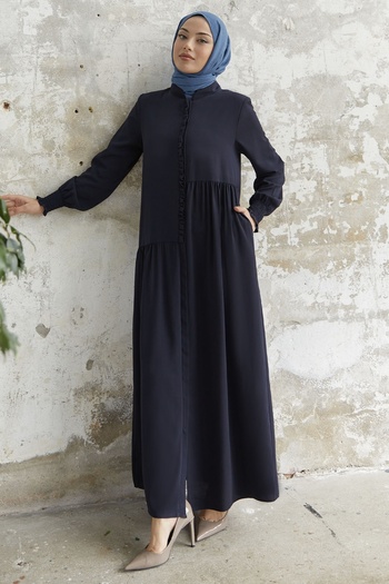 InStyle Asymmetric Cut Ferace with Ruffle Placket - Navy Blue