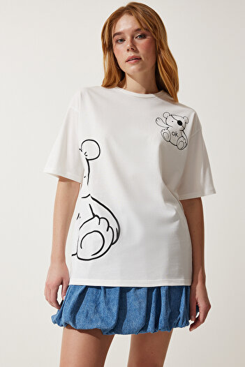 Happiness İstanbul Γυναικείο Πλεκτό T-Shirt Oversize σε λευκό εμπριμέ HF00457