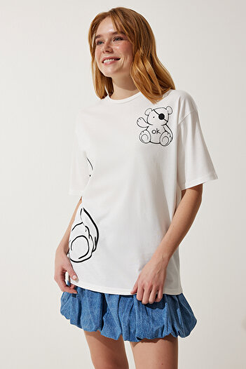 Happiness İstanbul Γυναικείο Πλεκτό T-Shirt Oversize σε λευκό εμπριμέ HF00457