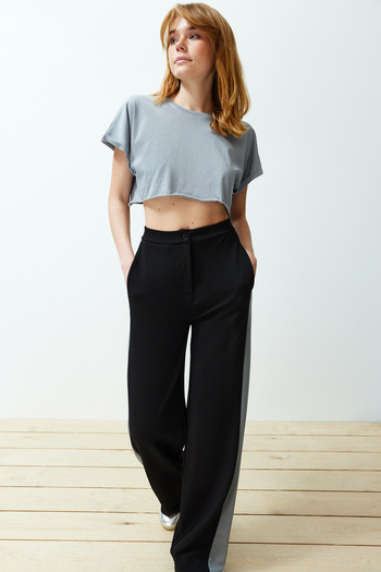 Trendyol Collection Black Color Blocked Straight/Straight Cut Stretch Trousers TWOSS24PL00100