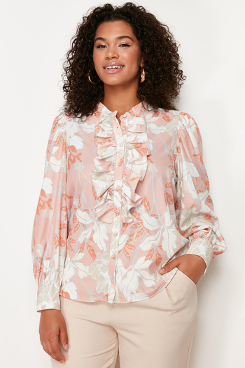 Trendyol Curve Orange Floral Ruffle Chiffon Woven Shirt TBBSS24AX00004