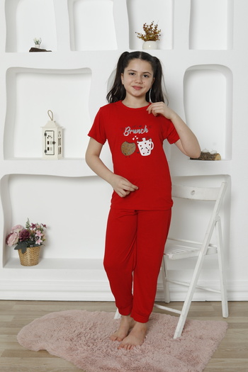 FAMES PİJAMA Red Girl's Brunch Pajama Set - Short Sleeve