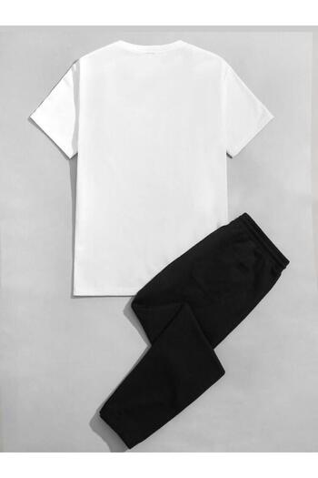 LA VESTİTİ Unisex White Printed T-Shirt-Black Jogger Tracksuit