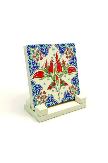 Sadrazam Ottoman Iznik Tile Pattern Printed Natural Stone Desktop 10x10 Kd-39