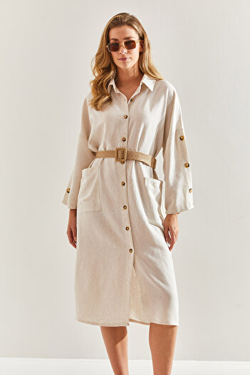 Bianco Lucci Linen Shirt Dress - Straw Belt, Women's,60171014