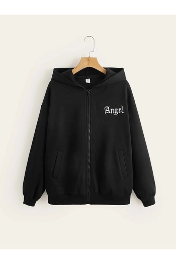 MODARİCH Angel Lettering Cardigan - Black Printed Winter Oversize Hooded Zipper Pocket Detailed Cardigan
