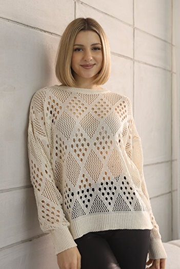 ALCHON Bicycle Round Neck Long Sleeve Diamond Patterned Openwork Summer Stylish Knitwear Sweater