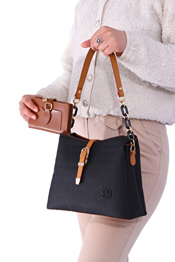 By Hakan Dm-1271 Embossed Wallet Combination Women's Hand and Shoulder Bag Black Camel