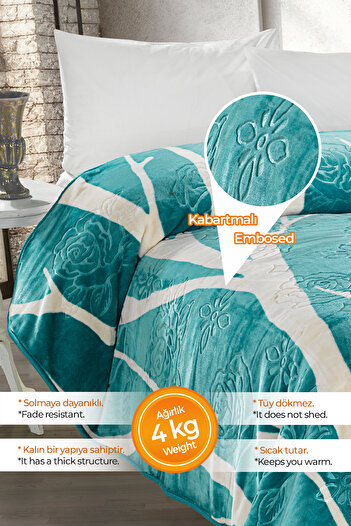 Evlen Home Collection 4 Kg Blanket Supersoft Embos Thick Soft Plush Double Soft 220x240 cm Devin Turquoise