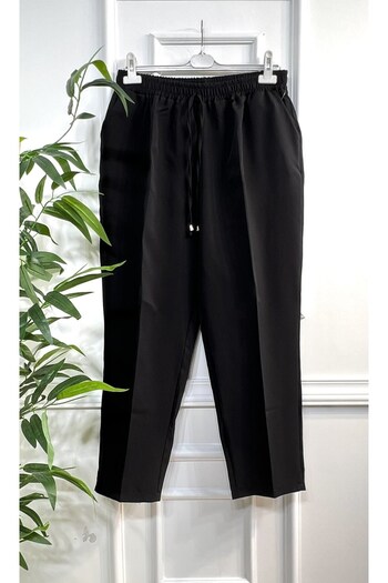 Aşkı Endam Large Size Charm Imported Slinky Trousers with Elastic Waist and Side Pockets - Black