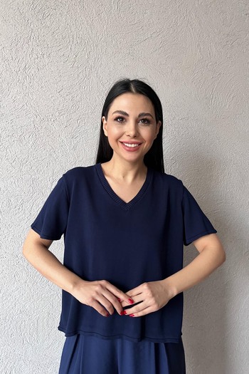 Seda Yalçın Atelier Navy Blue V-Neck Short Sleeve Knitwear T-shirt